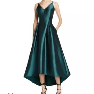 Carmen Marc Valvo Formal Event Emerald High-Low Beaded Mikado Gown Sz 8